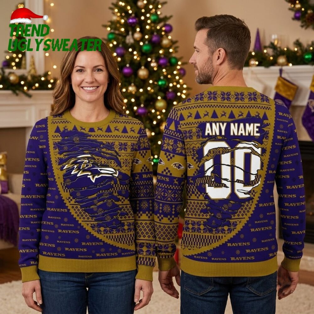 baltimore ravens santa custom name and number ugly christmas sweater