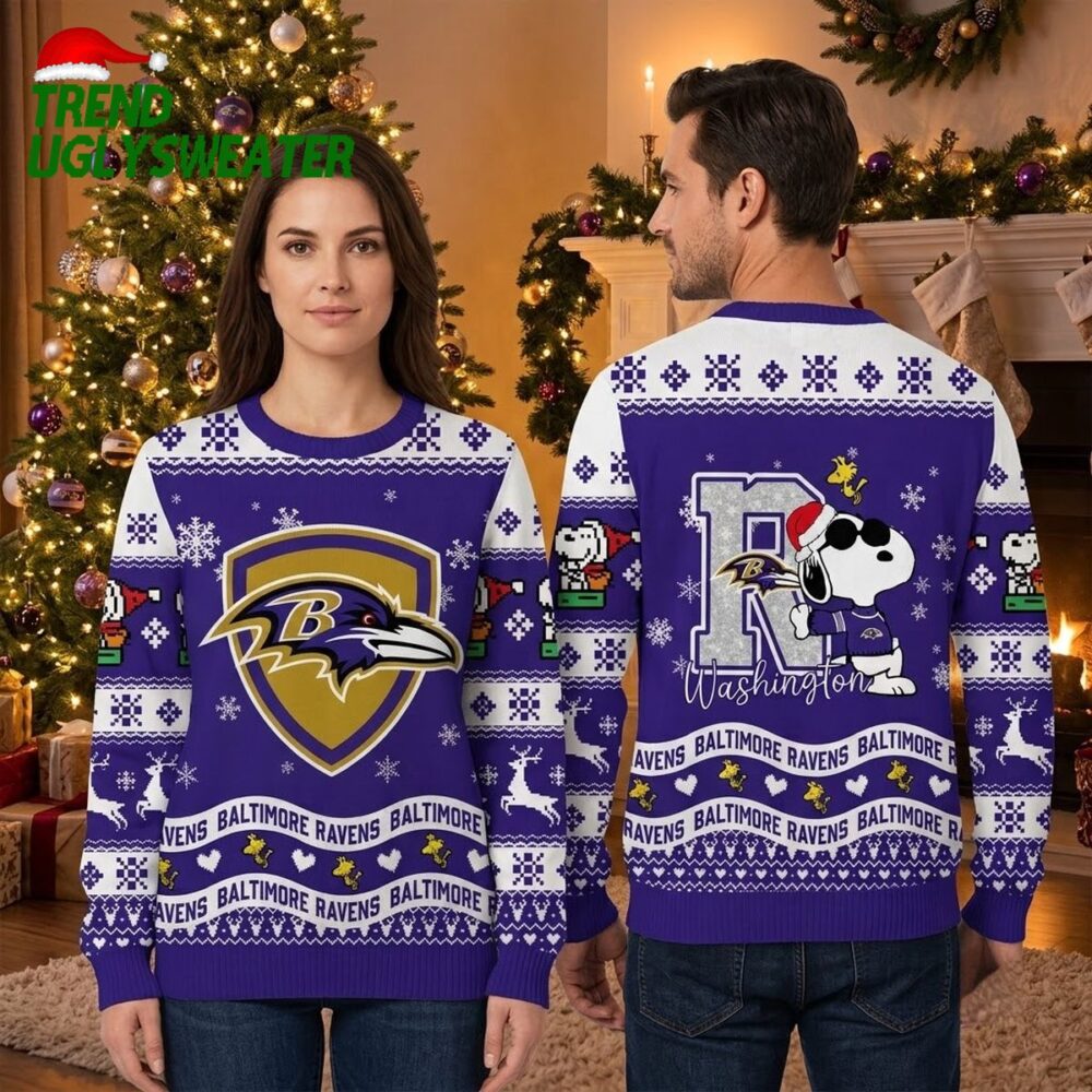 baltimore ravens snoopy peanuts ugly christmas sweater