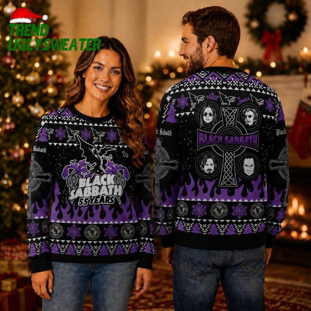 black sabbath 55 years flying devil purple celtic cross ugly christmas sweater