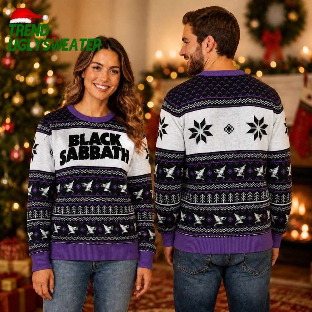 black sabbath flying demon pattern purple and black ugly christmas sweater