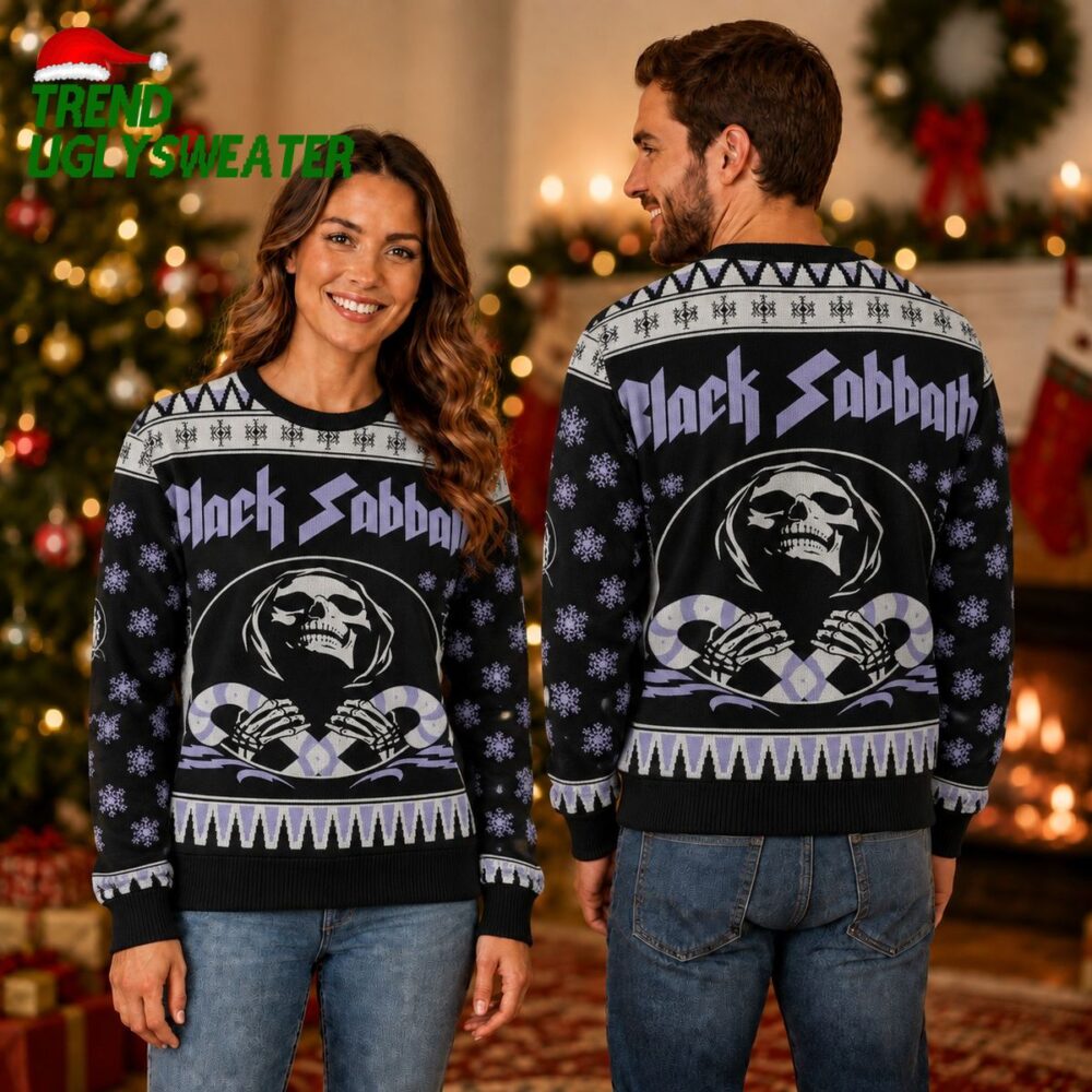 black sabbath grim reaper holding candy canes and snowflakes ugly christmas sweater