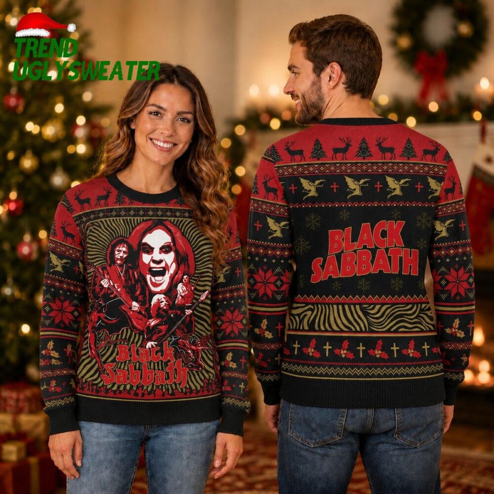 black sabbath ozzy osbourne portrait and band logo ugly christmas sweater