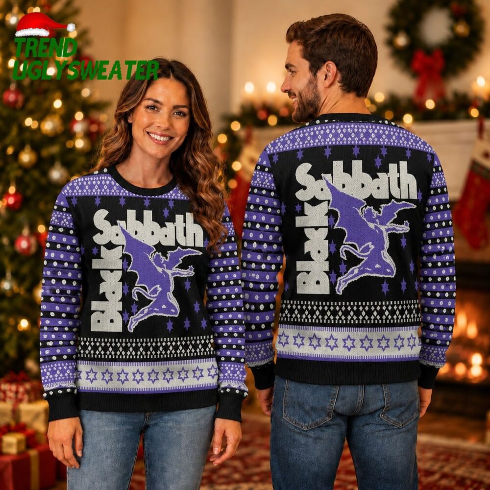 black sabbath purple winged demon ugly christmas sweater