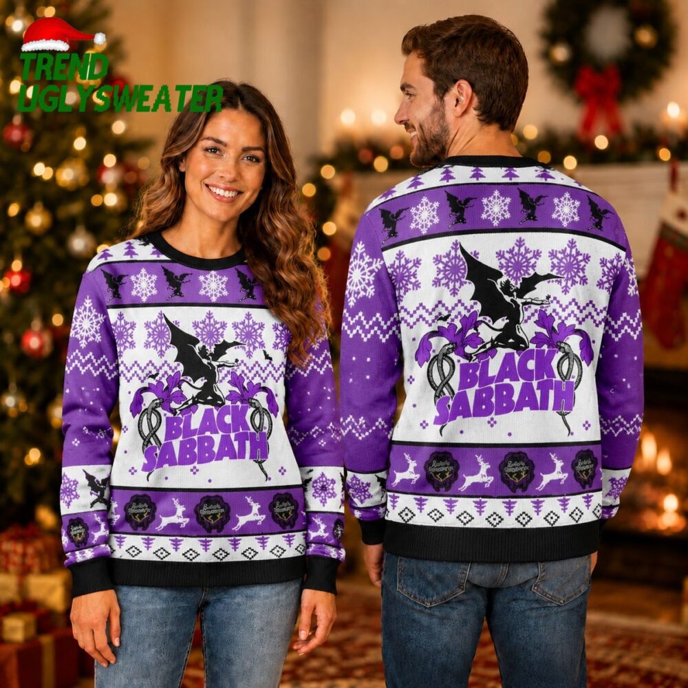 black sabbath winged devil logo purple snowflake reindeer ugly christmas sweater