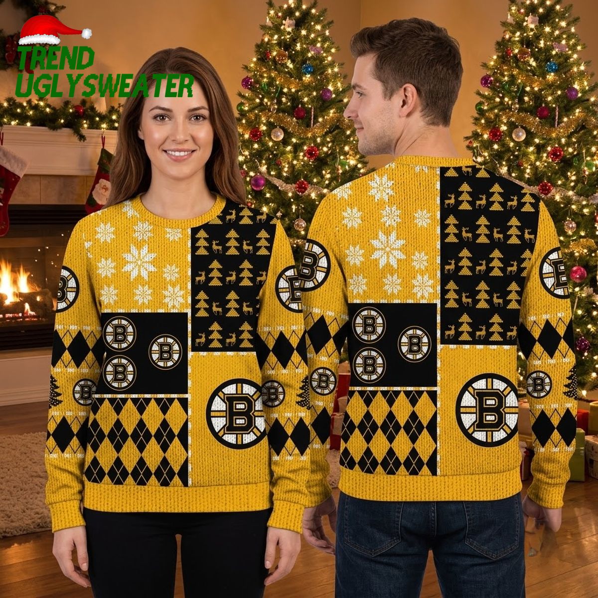 boston bruins checkerboard christmas trees and reindeer ugly christmas sweater boston bruins checkerboard christmas trees and reindeer ugly christmas sweater