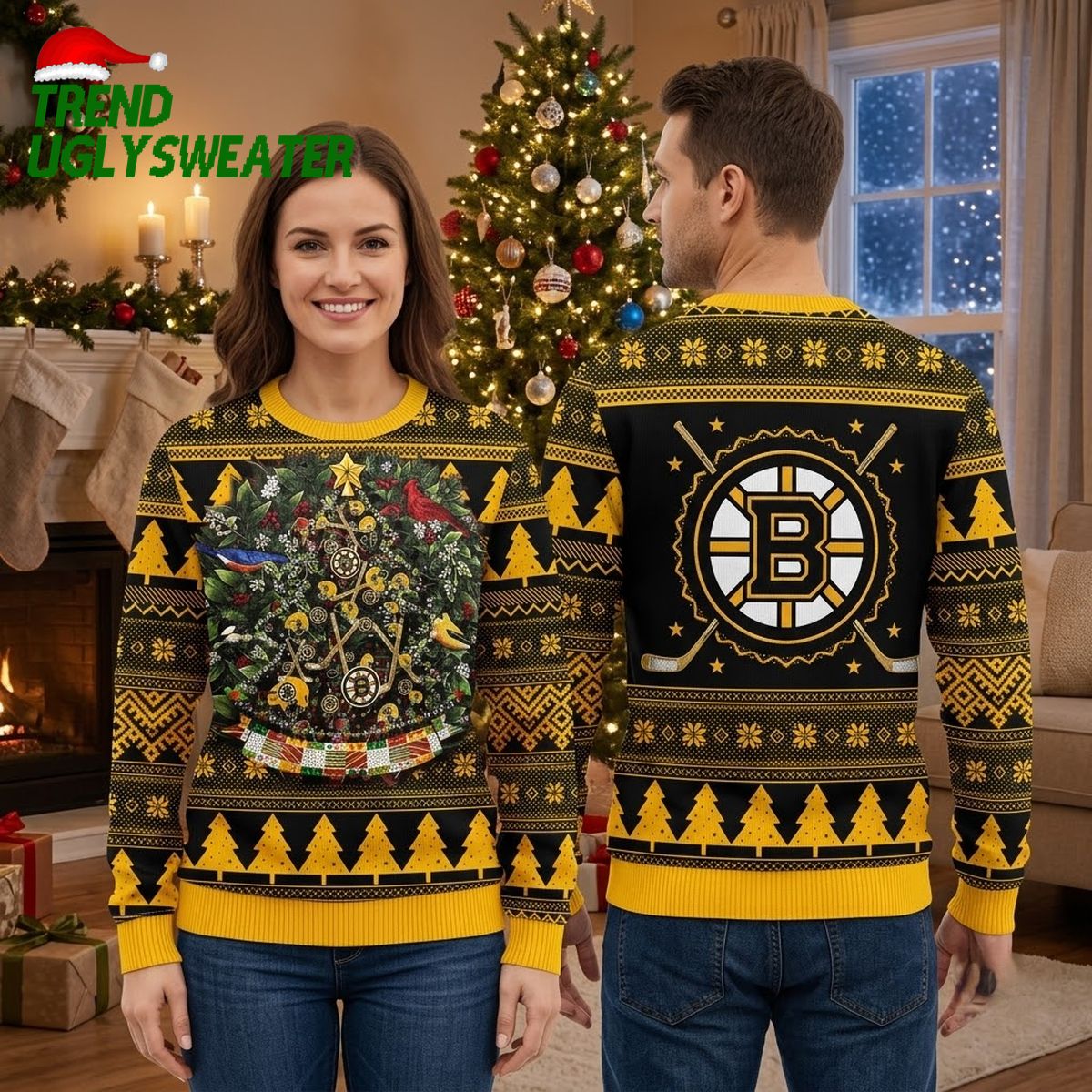 boston bruins christmas tree with hockey ornaments ugly christmas sweater boston bruins christmas tree with hockey ornaments ugly christmas sweater