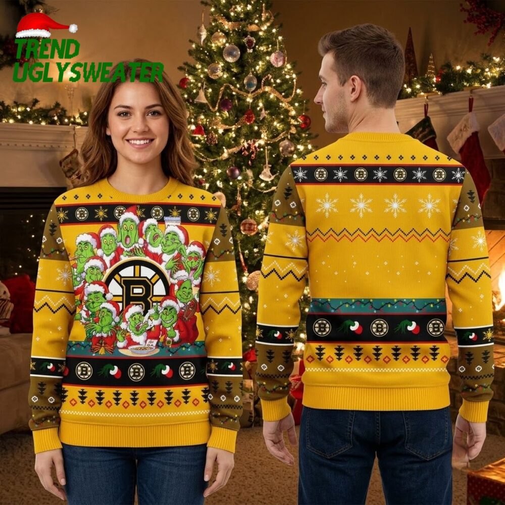 boston bruins grinch characters surrounding logo ugly christmas sweater