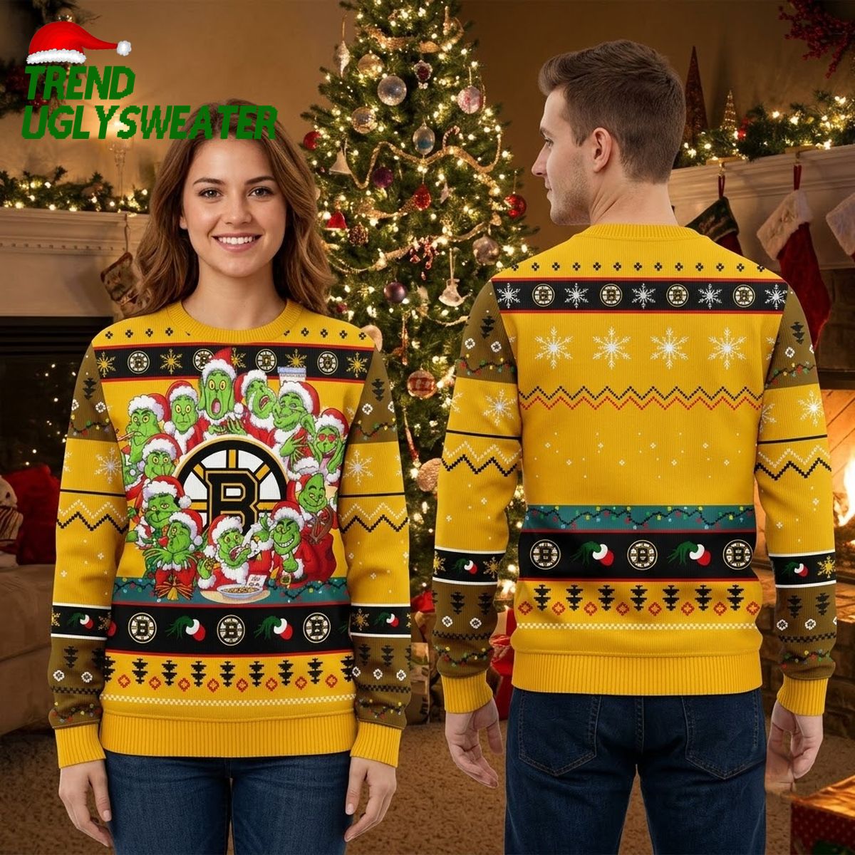 boston bruins grinch characters surrounding logo ugly christmas sweater boston bruins grinch characters surrounding logo ugly christmas sweater