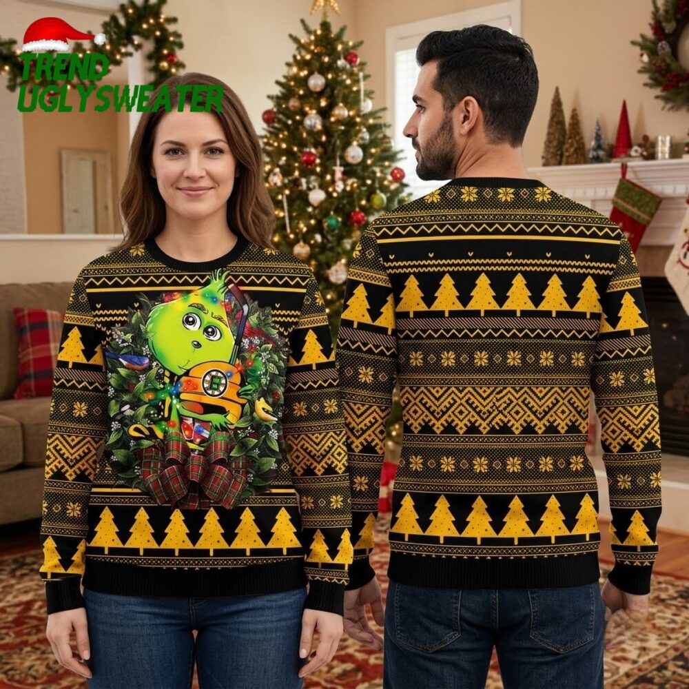 boston bruins grinch hockey player christmas lights ugly christmas sweater
