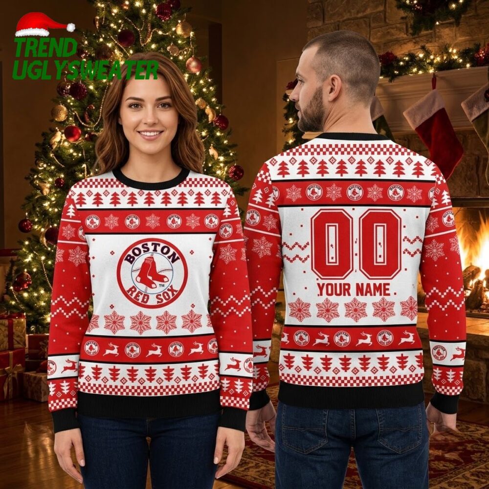 boston red sox logo personalized custom name and number ugly christmas sweater