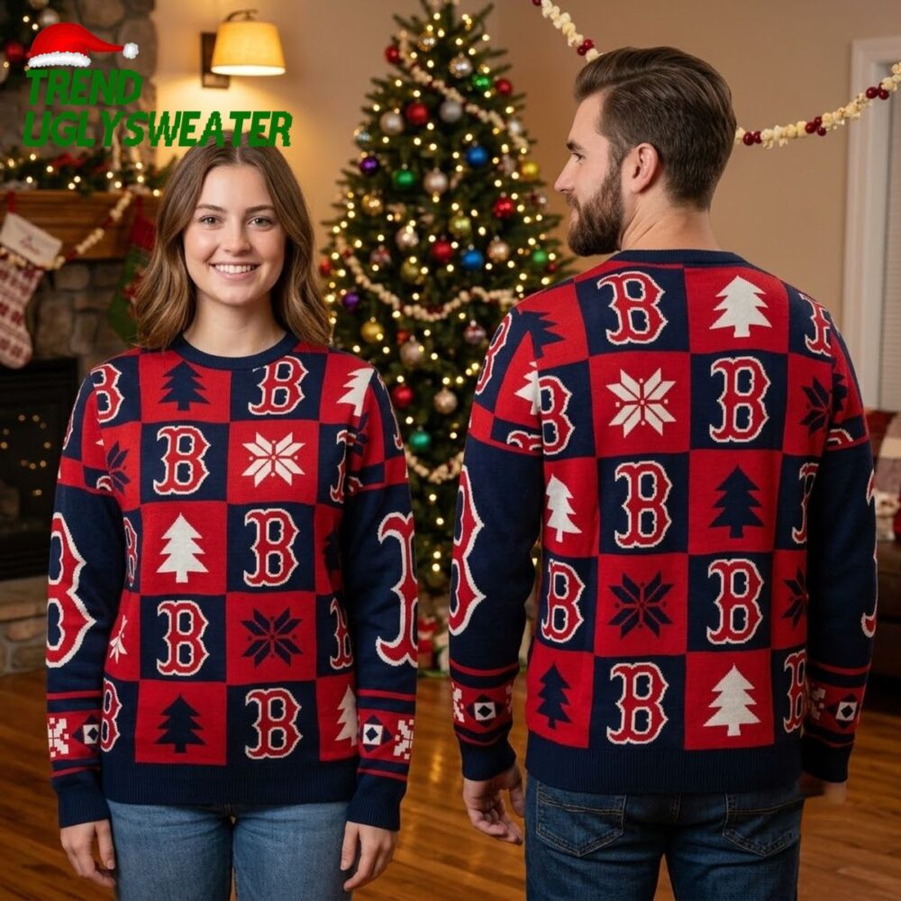 boston red sox patchwork logo snowflake and christmas tree ugly christmas sweater