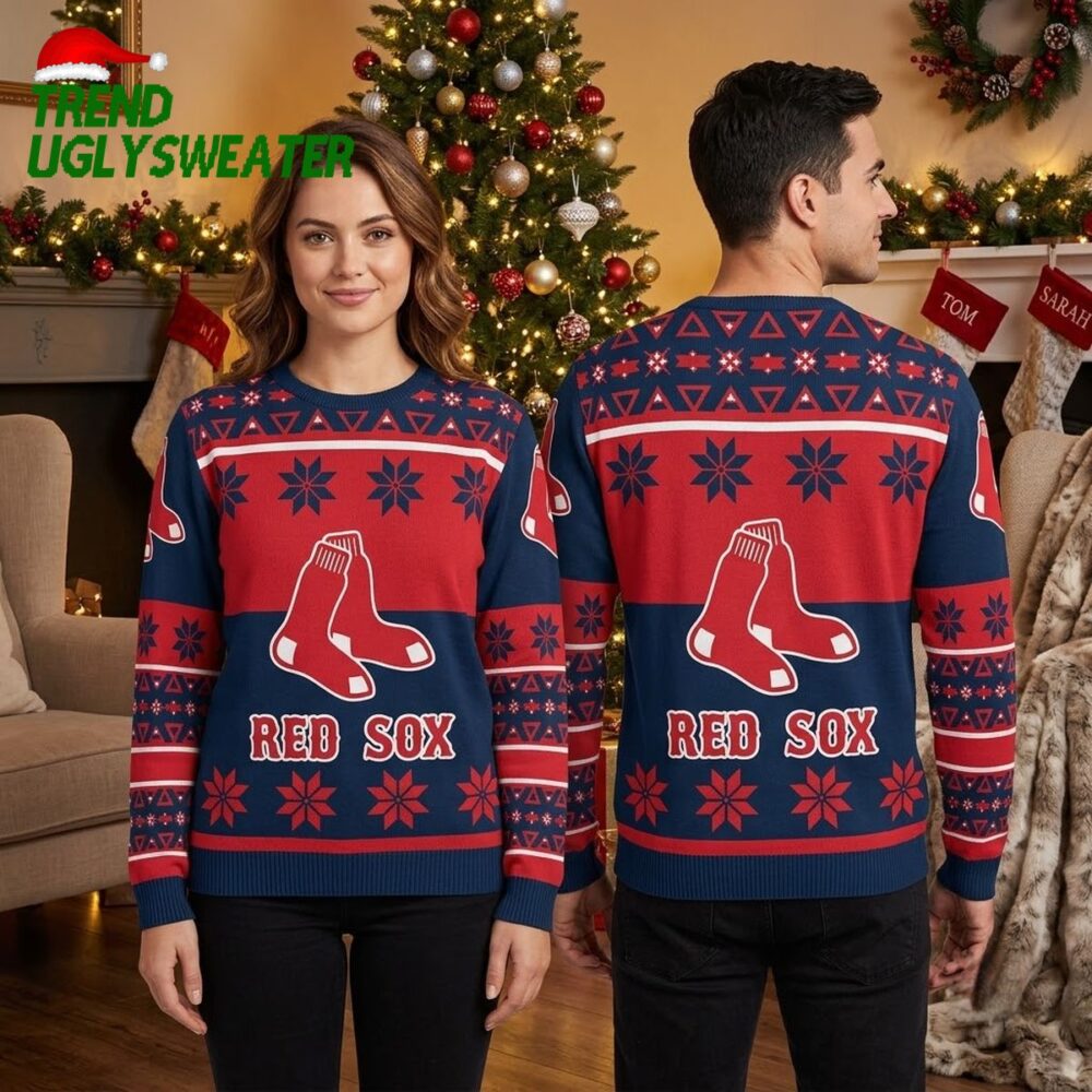boston red sox red sock logo snowflake pattern navy blue ugly christmas sweater