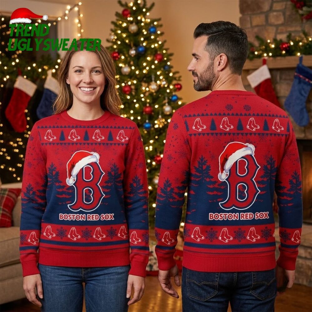 boston red sox santa hat logo and stocking pattern ugly christmas sweater
