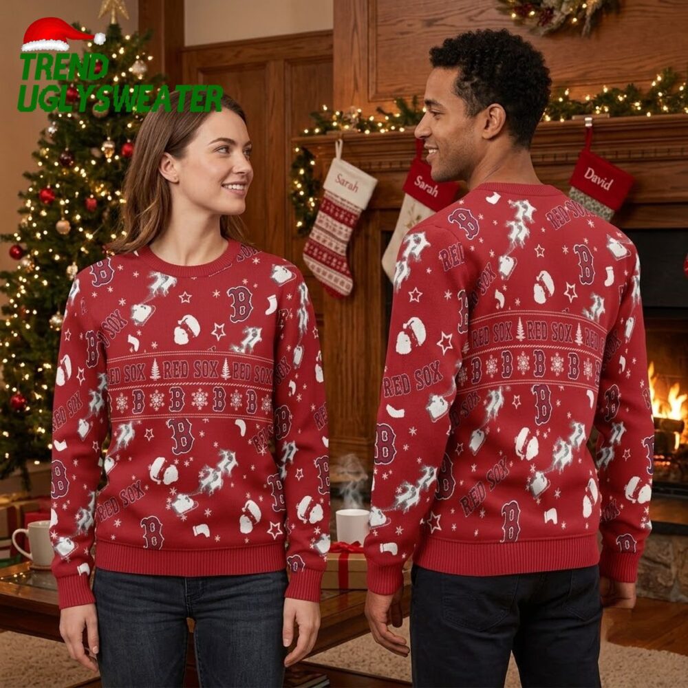 boston red sox santa pattern snowflakes and baseballs ugly christmas sweater