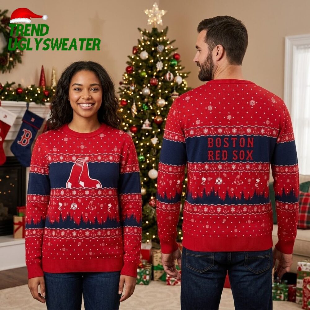 boston red sox sock logo snowflake snowflake pattern ugly christmas sweater