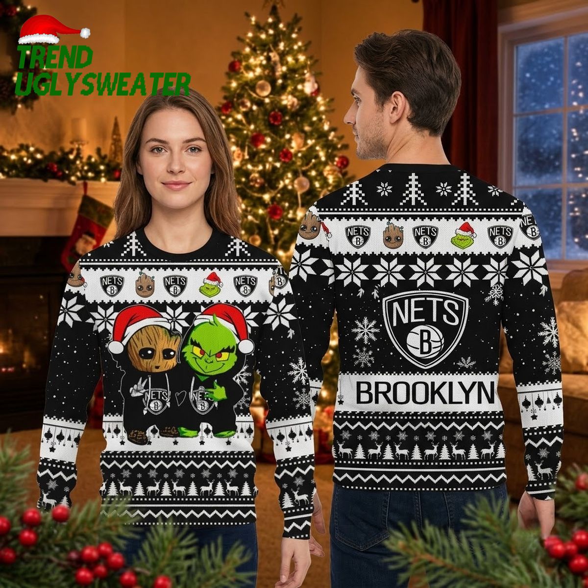 brooklyn nets groot and grinch santa hat ugly christmas sweater brooklyn nets groot and grinch santa hat ugly christmas sweater