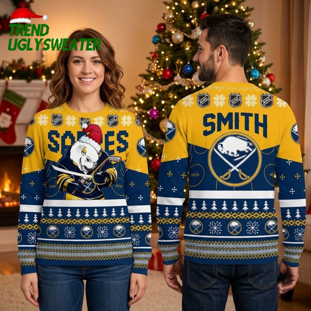 buffalo sabres charging buffalo mascot santa hat custom name ugly christmas sweater