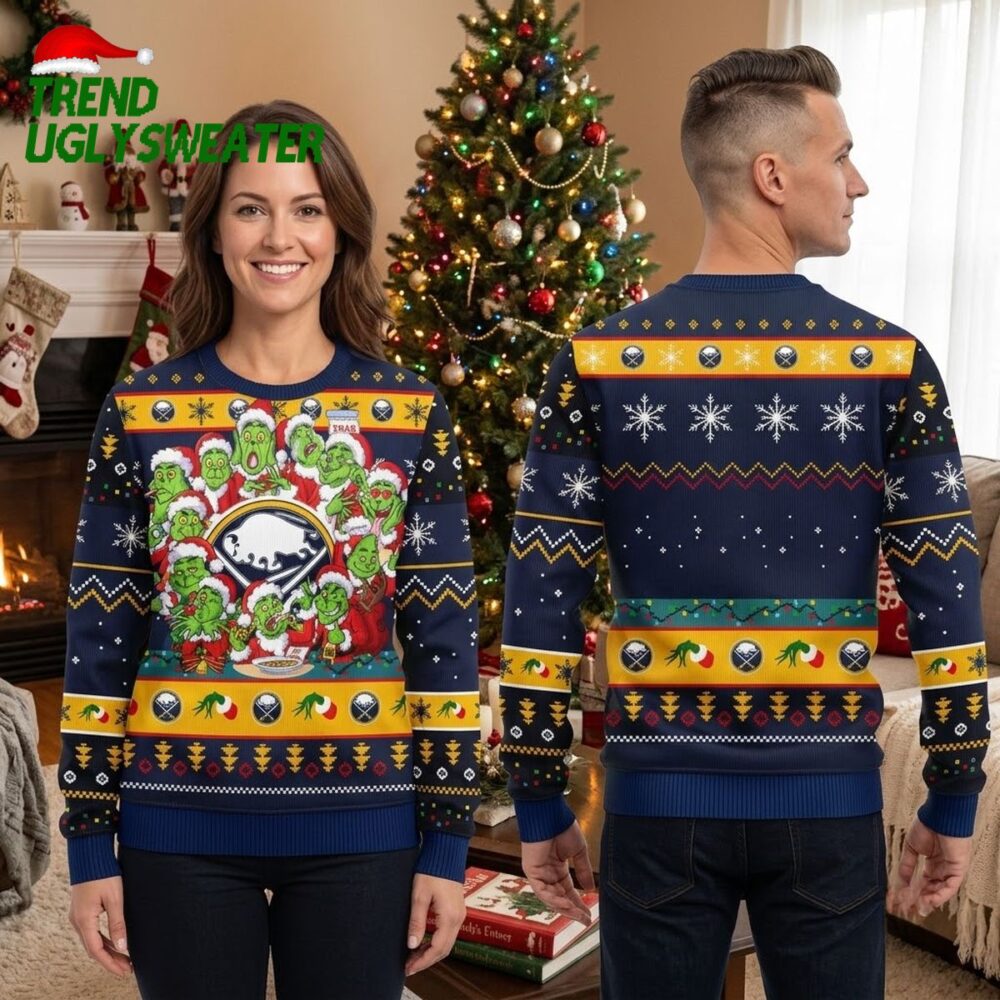 buffalo sabres grinch characters around logo ugly christmas sweater