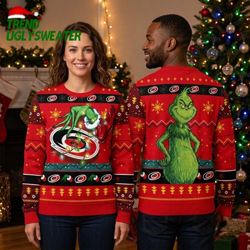 carolina hurricanes grinch tangled in christmas lights ugly christmas sweater