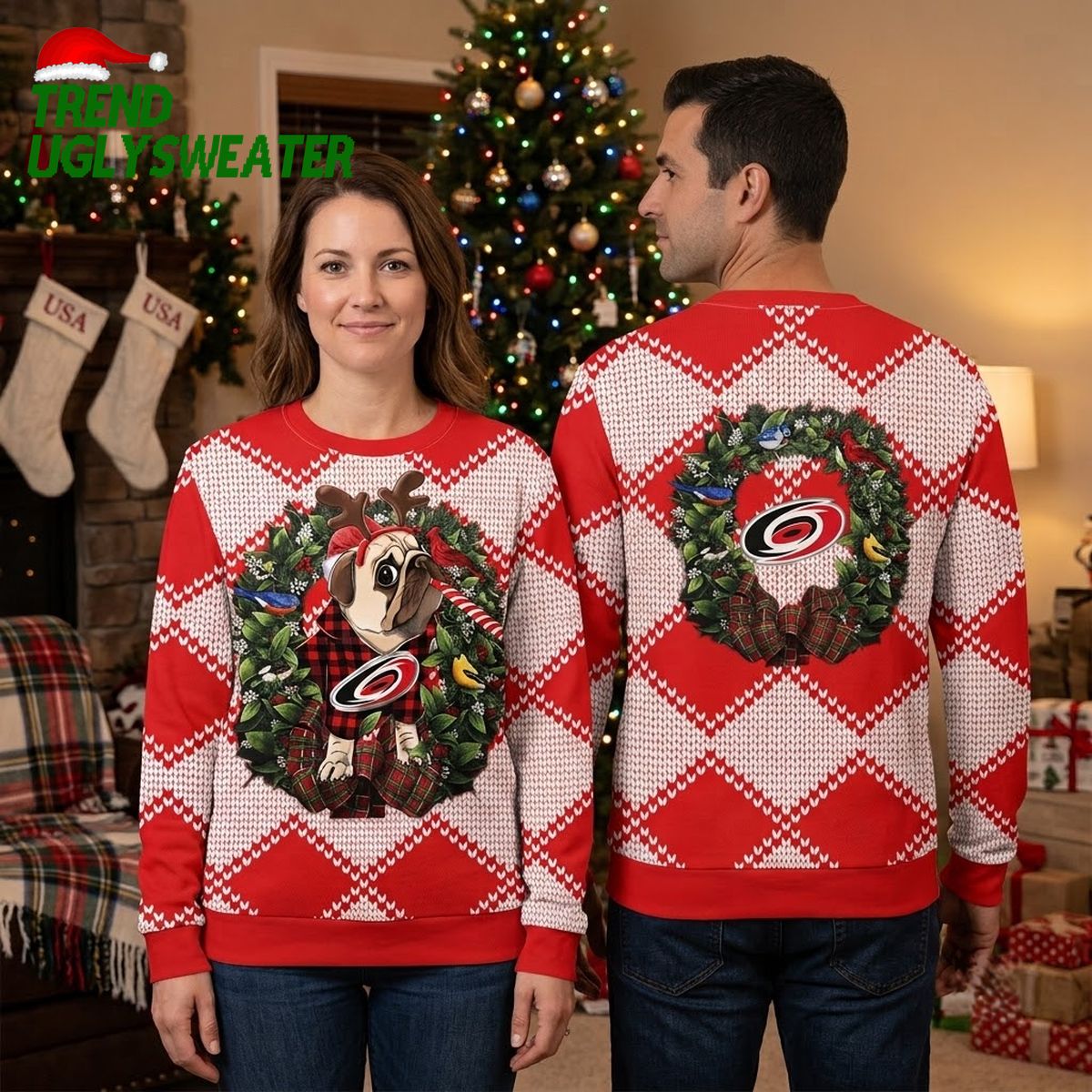 carolina hurricanes pug reindeer christmas wreath ugly christmas sweater carolina hurricanes pug reindeer christmas wreath ugly christmas sweater