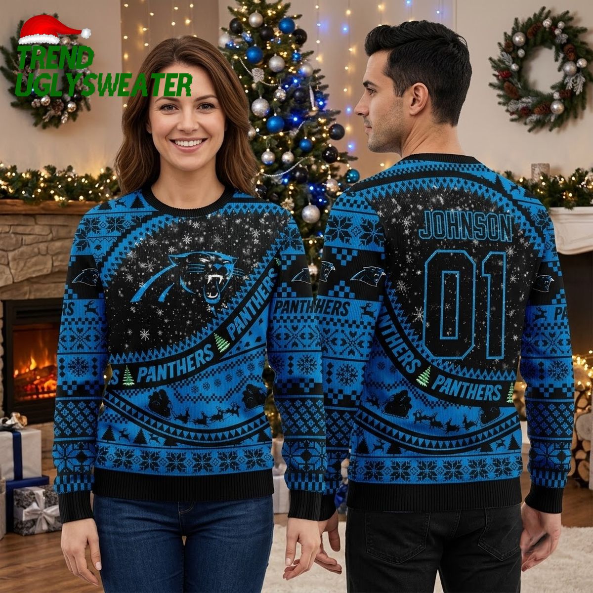 carolina panthers custom name number 01 logo ugly christmas sweater carolina panthers custom name number 01 logo ugly christmas sweater