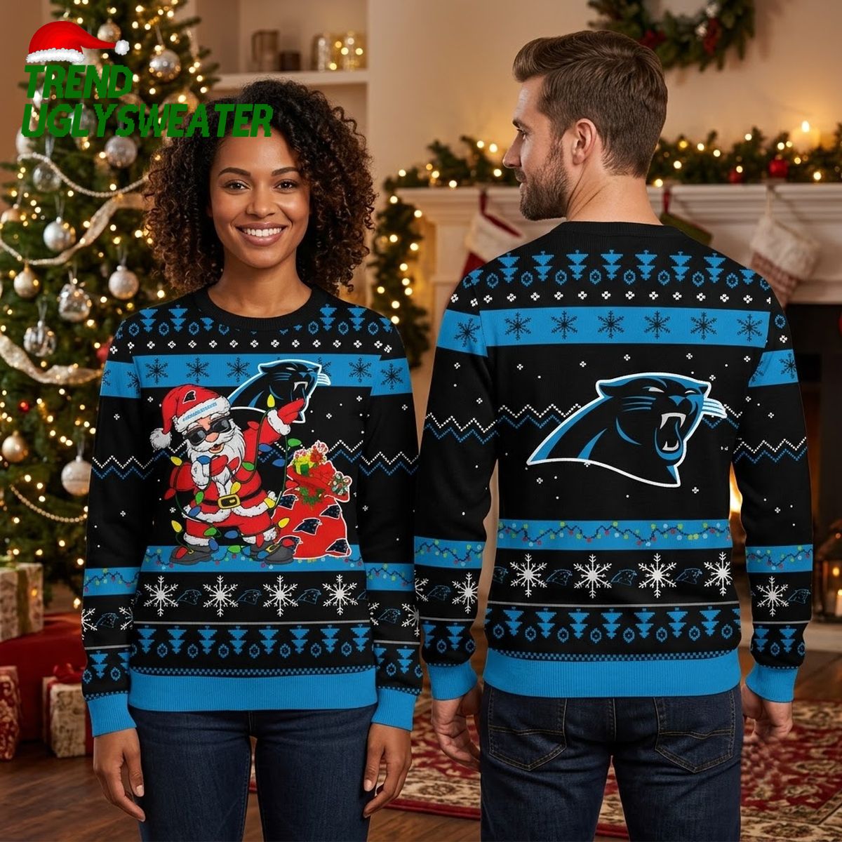 carolina panthers santa claus and panther mascot ugly christmas sweater carolina panthers santa claus and panther mascot ugly christmas sweater