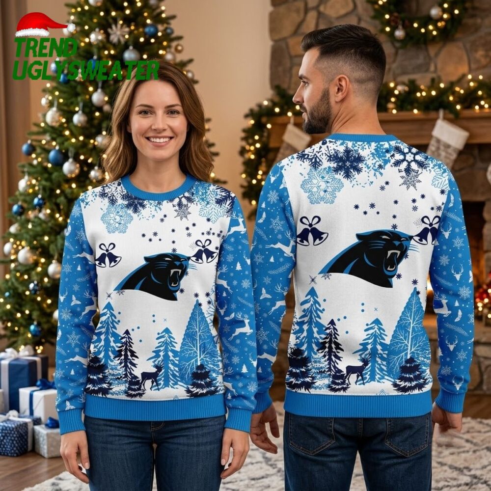 carolina panthers snowflake forest logo ugly christmas sweater
