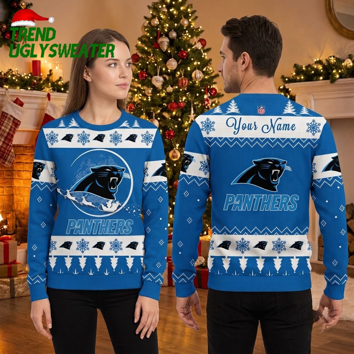 carolina panthers snowflake mascot custom name ugly christmas sweater carolina panthers snowflake mascot custom name ugly christmas sweater