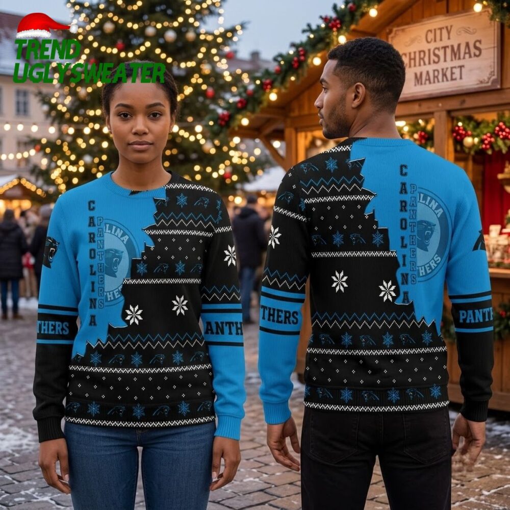 carolina panthers snowflake pattern ugly christmas sweater