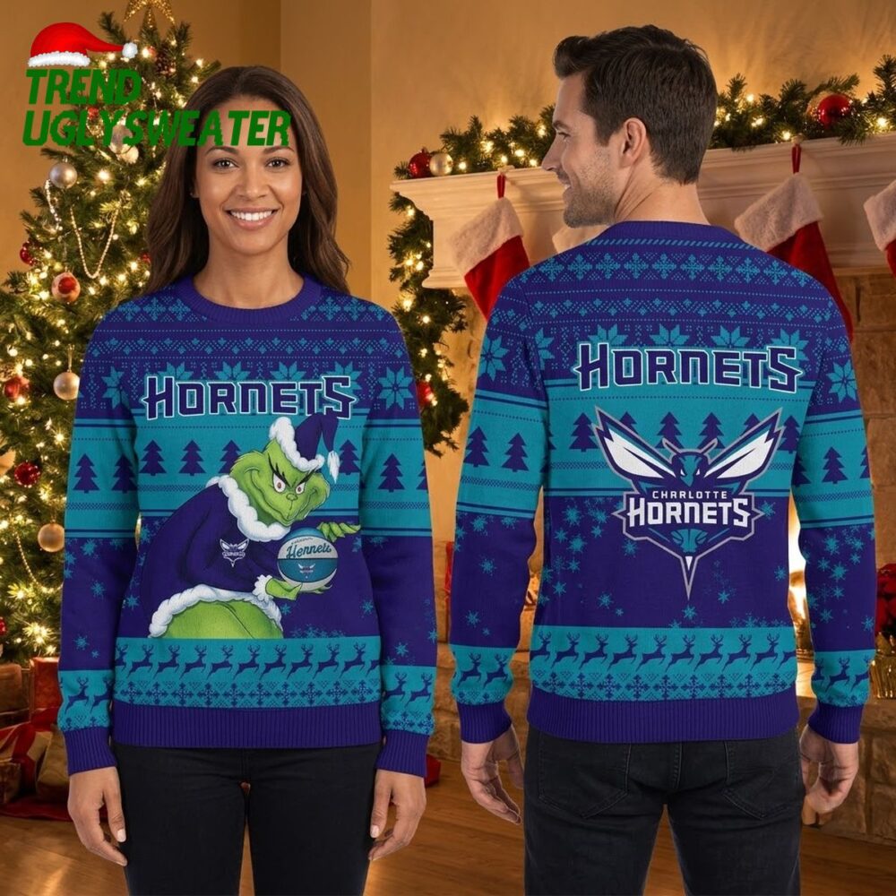 charlotte hornets grinch holding basketball ugly christmas sweater