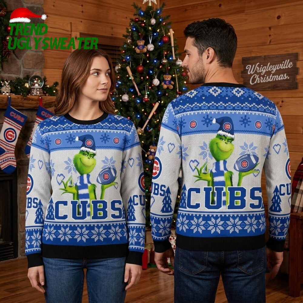 chicago cubs grinch holding baseball helmet ugly christmas sweater