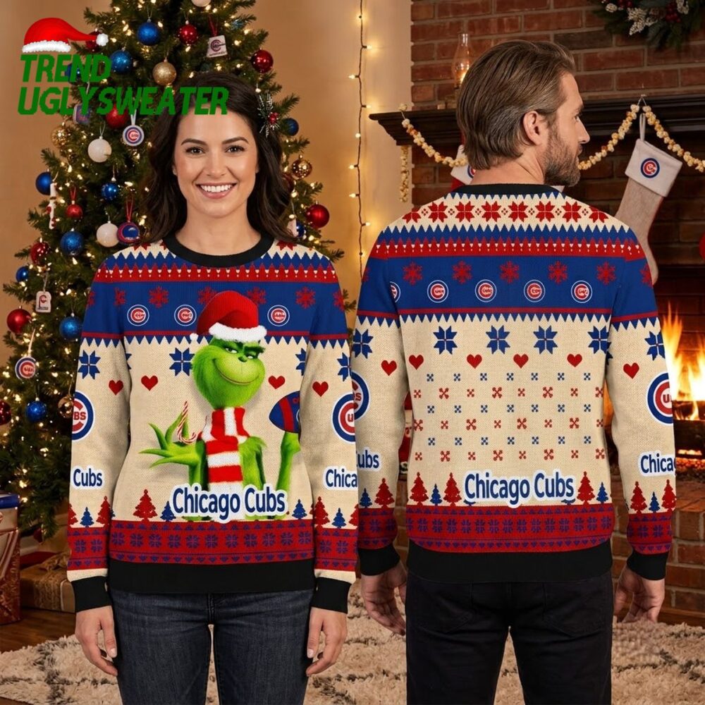 chicago cubs grinch wearing santa hat ugly christmas sweater