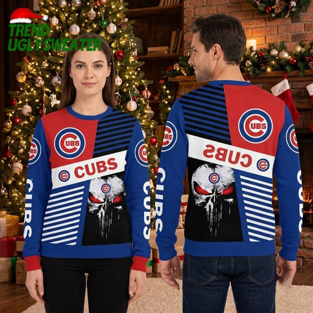 chicago cubs modern striped logo ugly christmas sweater