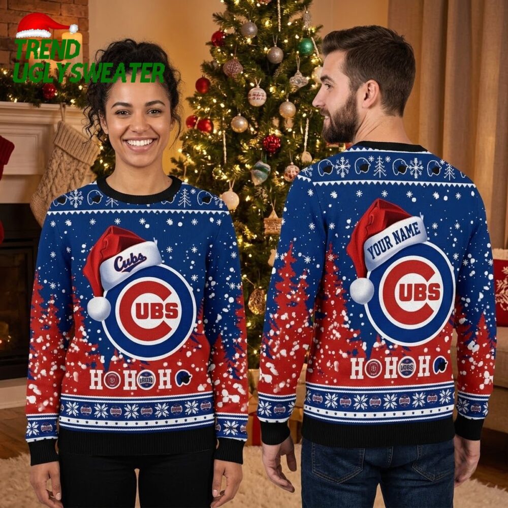 chicago cubs santa hat logo custom name ho ho ho ugly christmas sweater