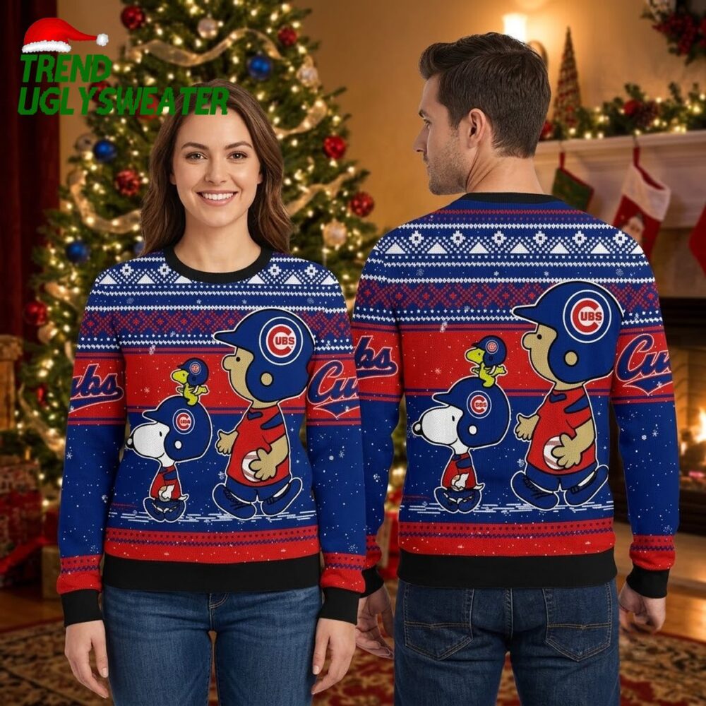 chicago cubs snoopy and woodstock christmas ugly christmas sweater