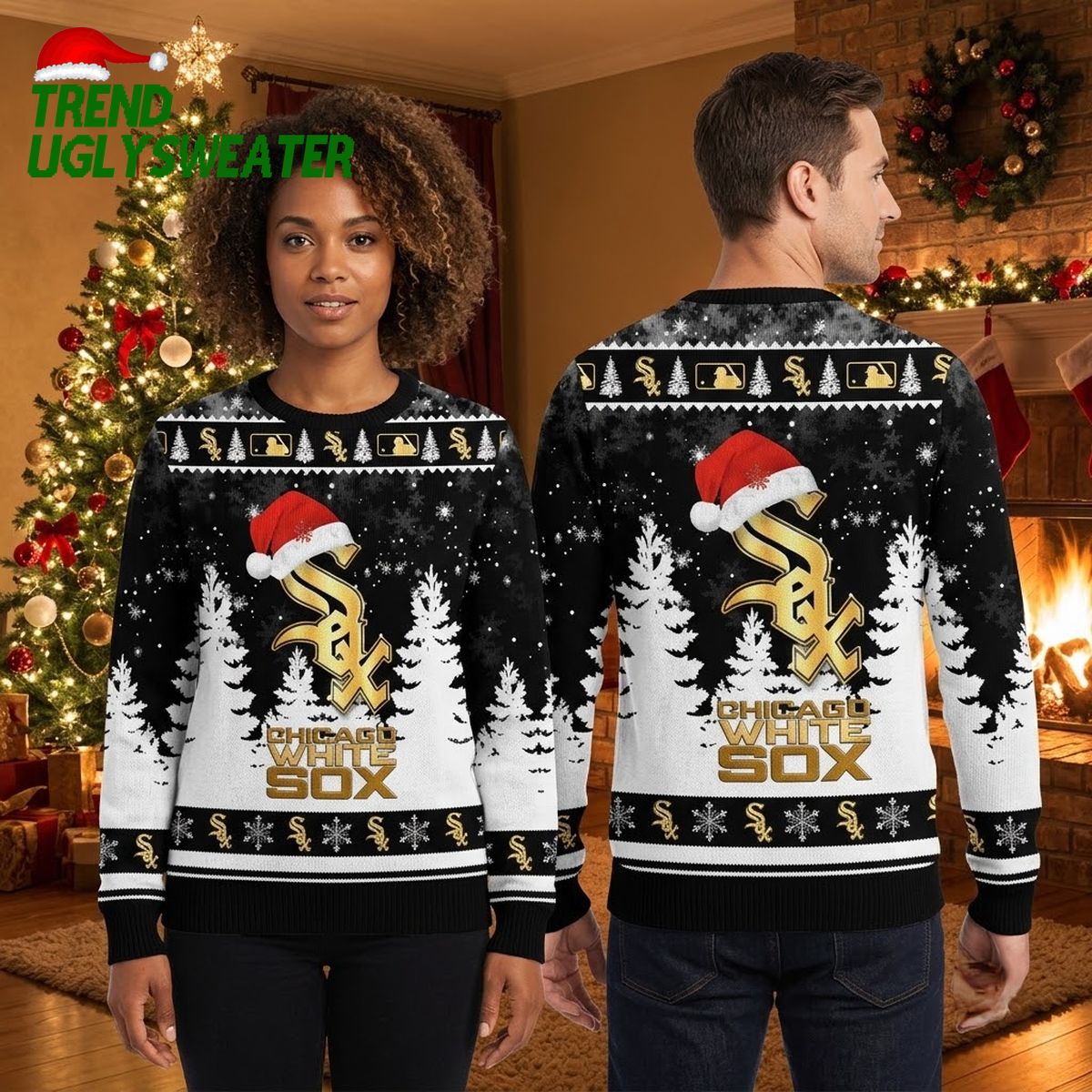 chicago white sox gold logo santa hat snowy christmas ugly christmas sweater chicago white sox gold logo santa hat snowy christmas ugly christmas sweater