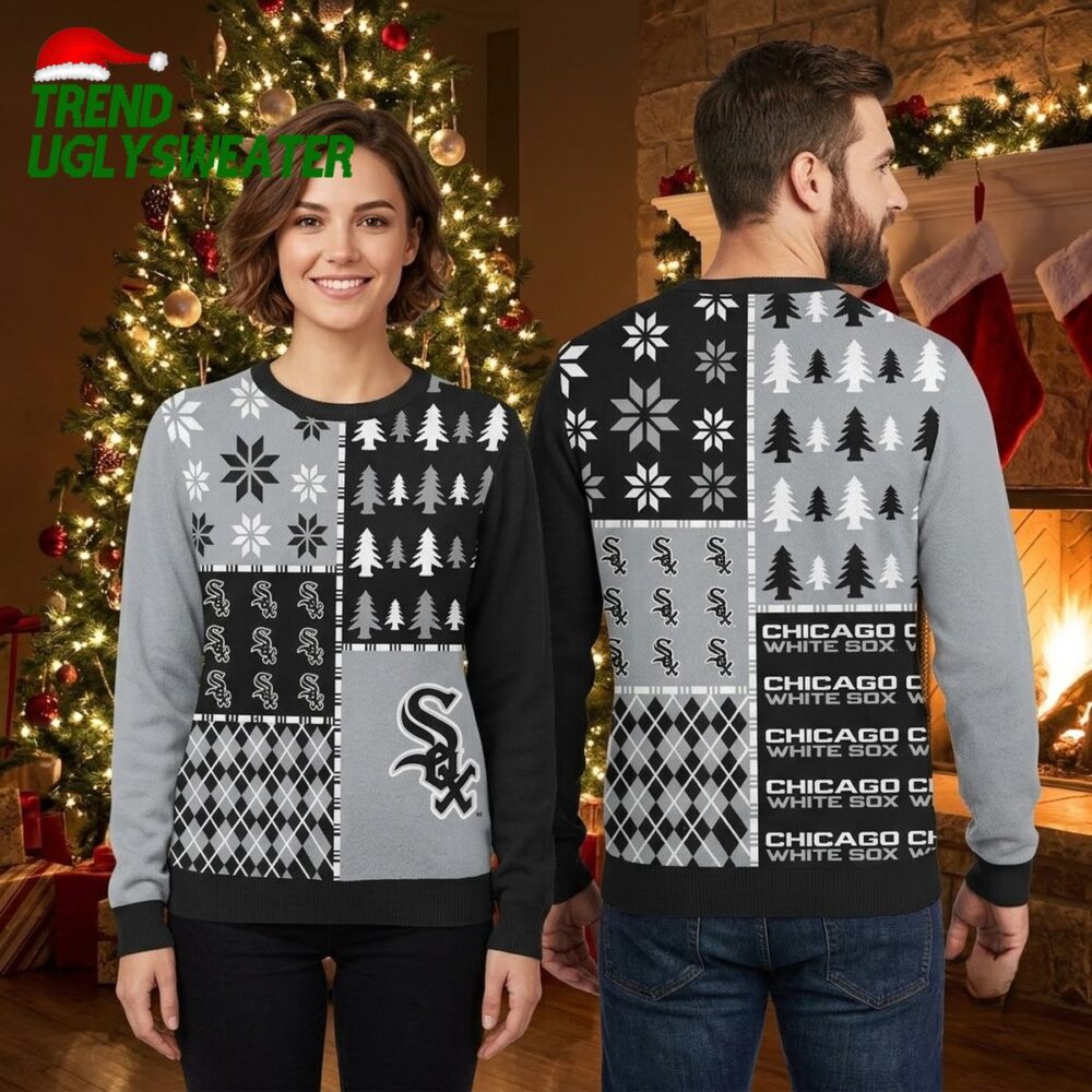chicago white sox patchwork snowflake and logo ugly christmas sweater