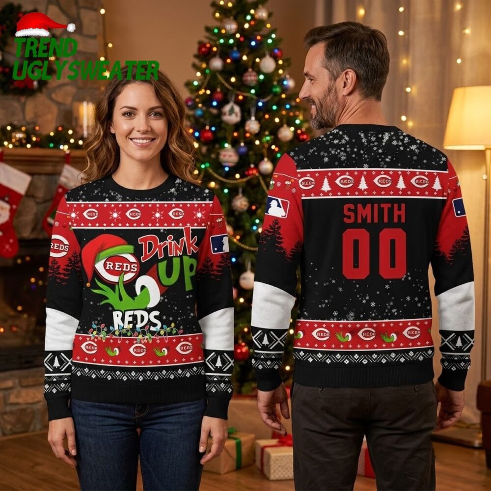 cincinnati reds drink up grinch custom name and number ugly christmas sweater