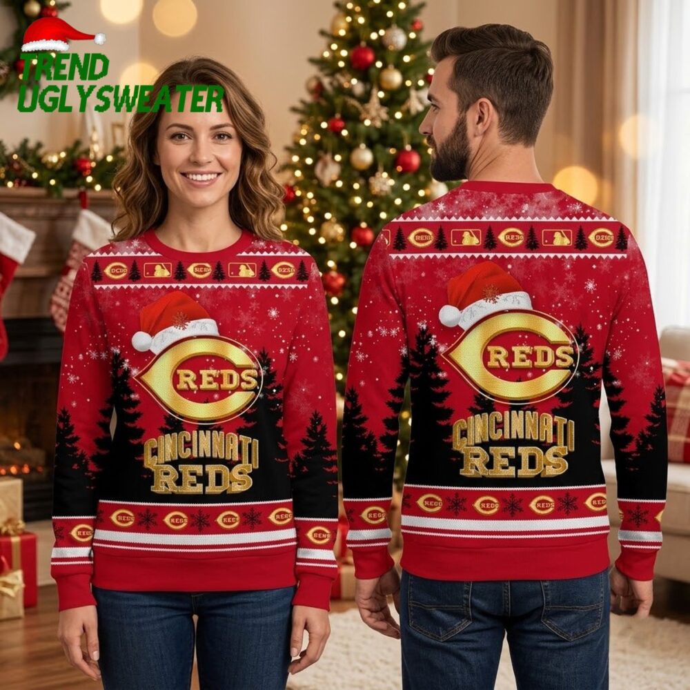 cincinnati reds golden logo santa hat ugly christmas sweater