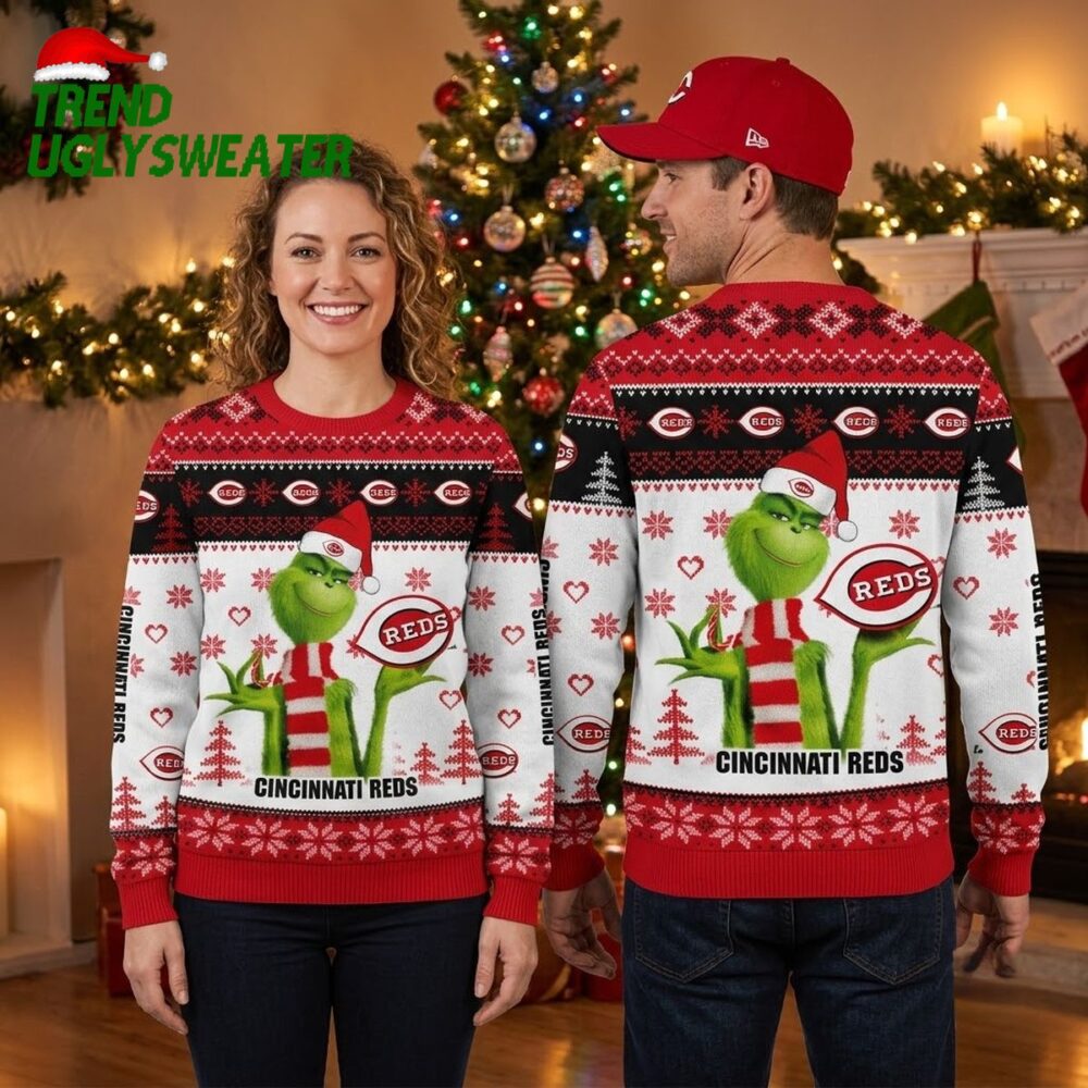 cincinnati reds grinch santa hat cincinnati reds logos ugly christmas sweater