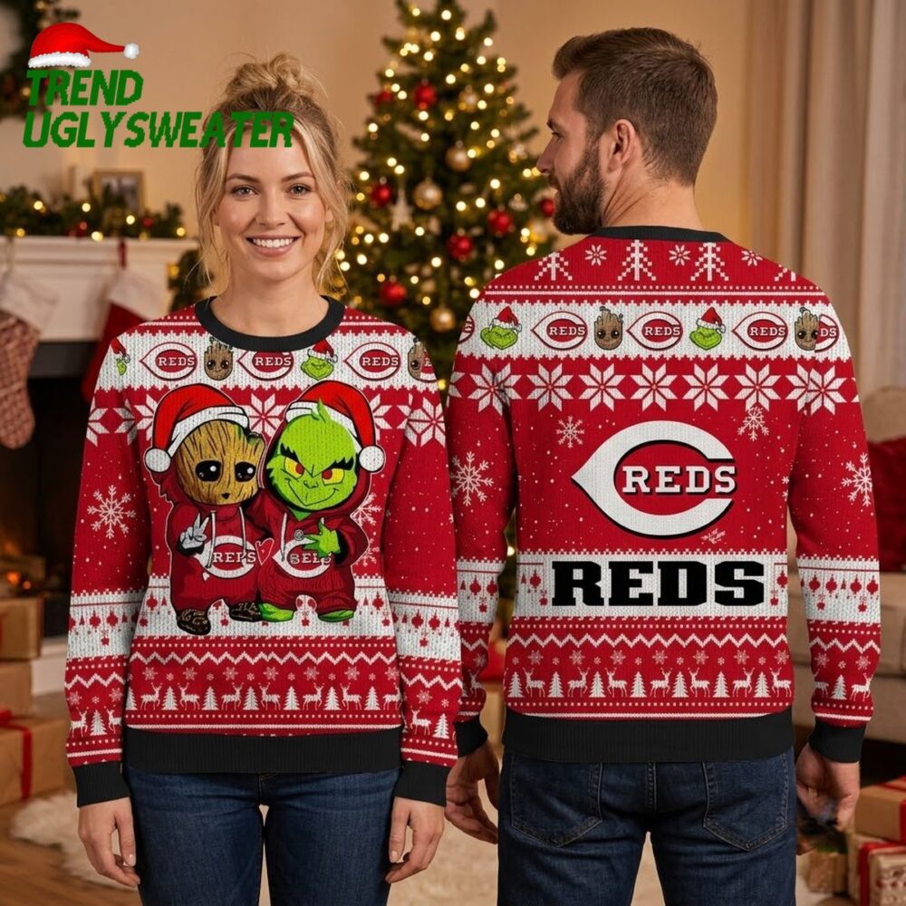 cincinnati reds groot and grinch ugly christmas sweater