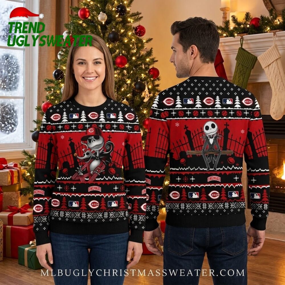 cincinnati reds jack skellington baseball ugly christmas sweater