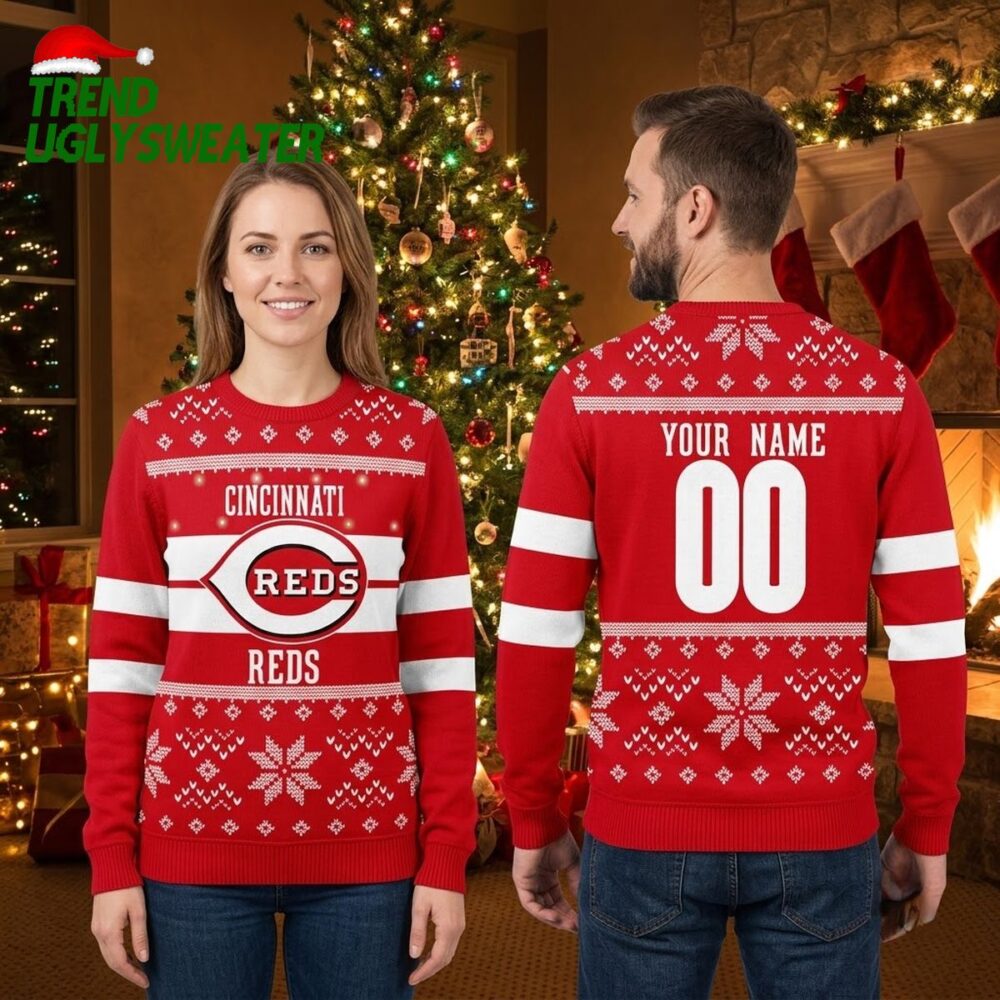 cincinnati reds logo personalized custom name and number ugly christmas sweater