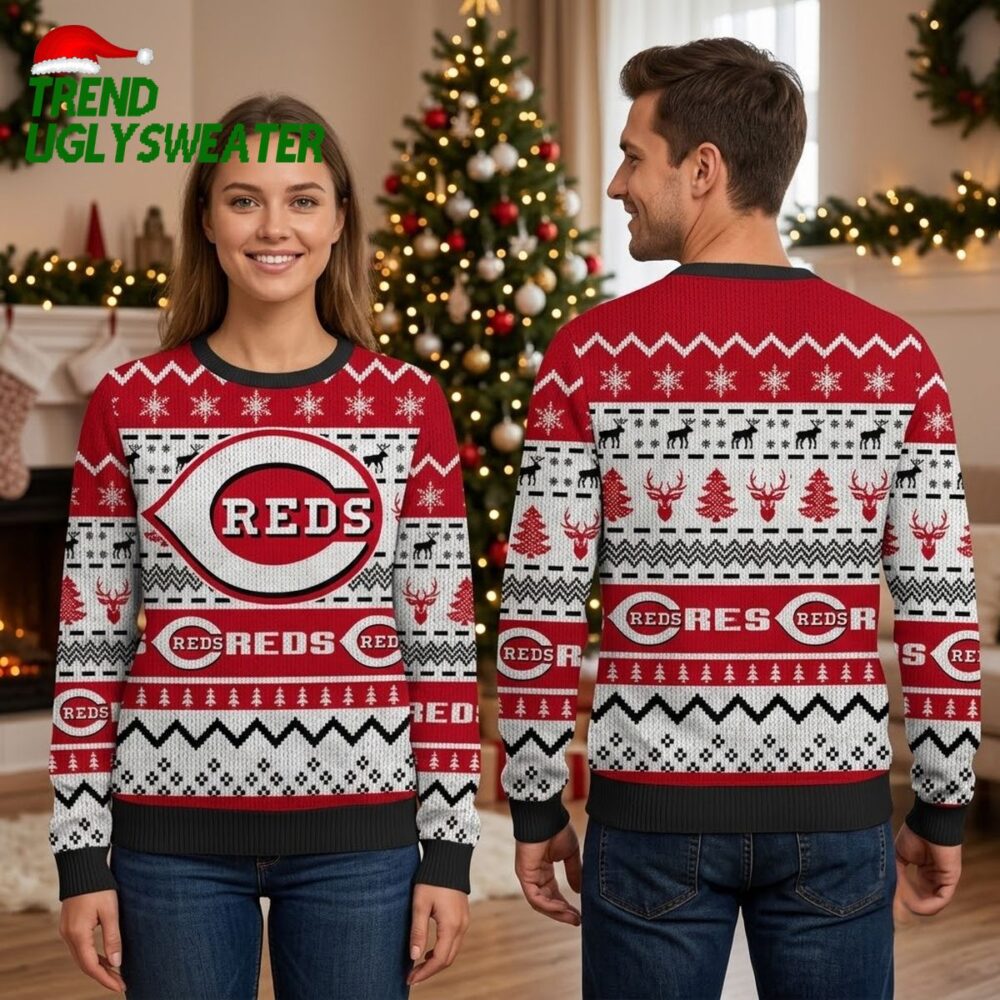 cincinnati reds logo snowflakes and reindeer ugly christmas sweater