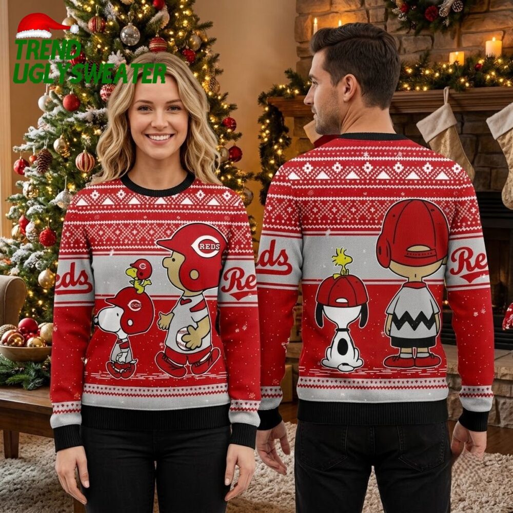 cincinnati reds snoopy and woodstock baseball players ugly christmas sweater