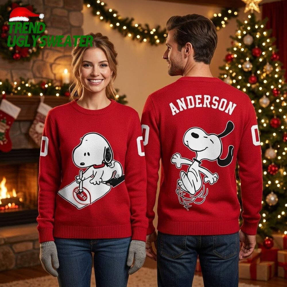 cincinnati reds snoopy baseball player custom name and number ugly christmas sweater
