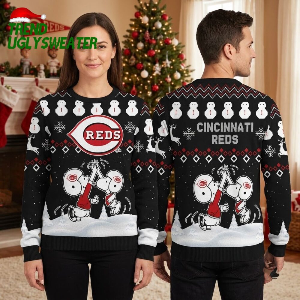 cincinnati reds snoopy cheers with baseballs ugly christmas sweater