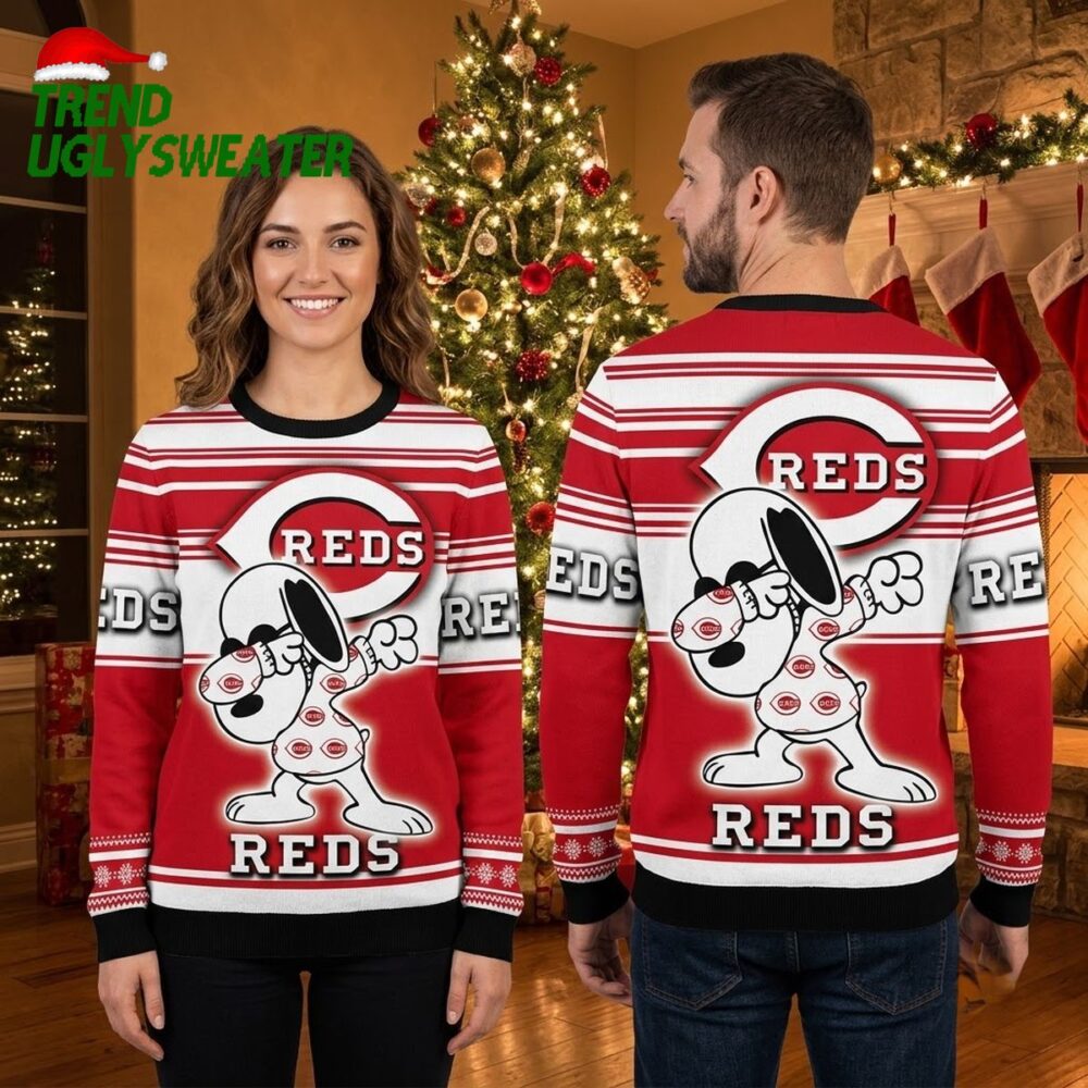cincinnati reds snoopy dabbing baseball ugly christmas sweater