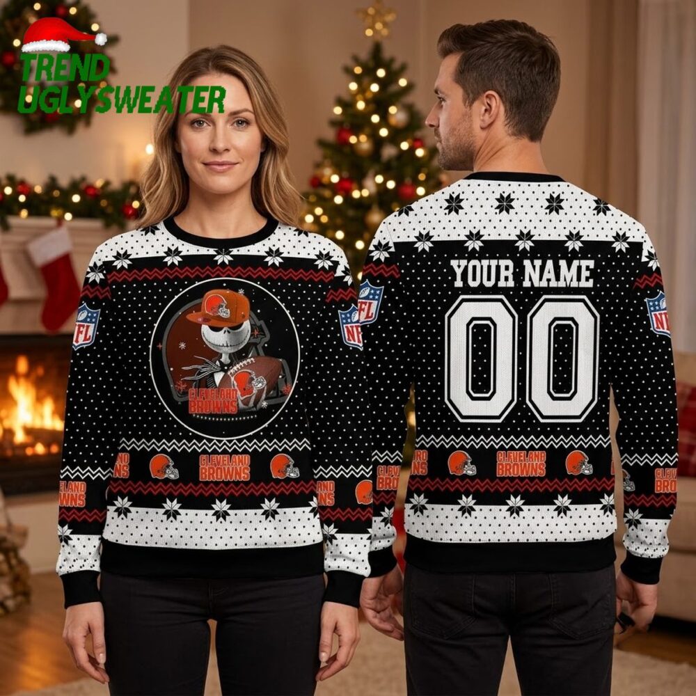 cleveland browns skeleton football player custom name ugly christmas sweater