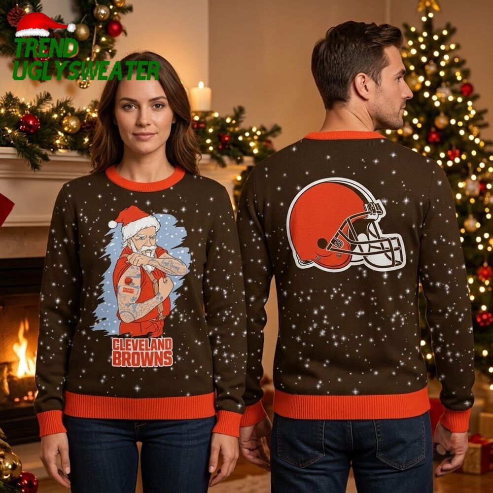 cleveland browns tattooed santa ugly christmas sweater